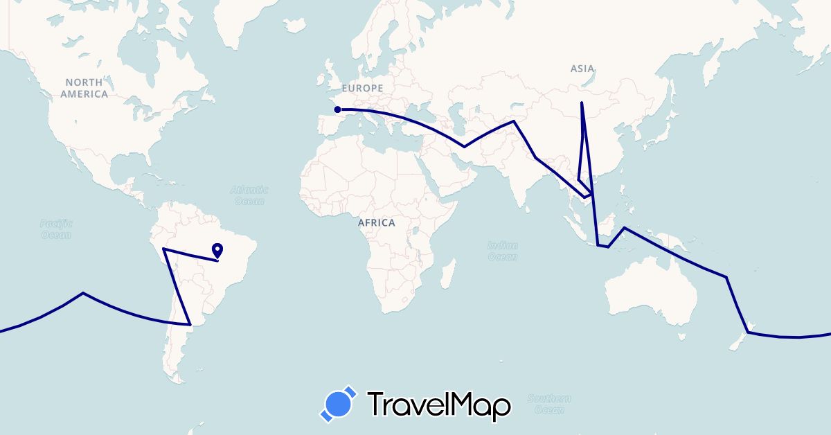 TravelMap itinerary: driving in Argentina, Brazil, Chile, China, France, Indonesia, Iran, Kyrgyzstan, Cambodia, Laos, Mongolia, New Caledonia, Nepal, New Zealand, Peru, Thailand, Vietnam (Asia, Europe, Oceania, South America)